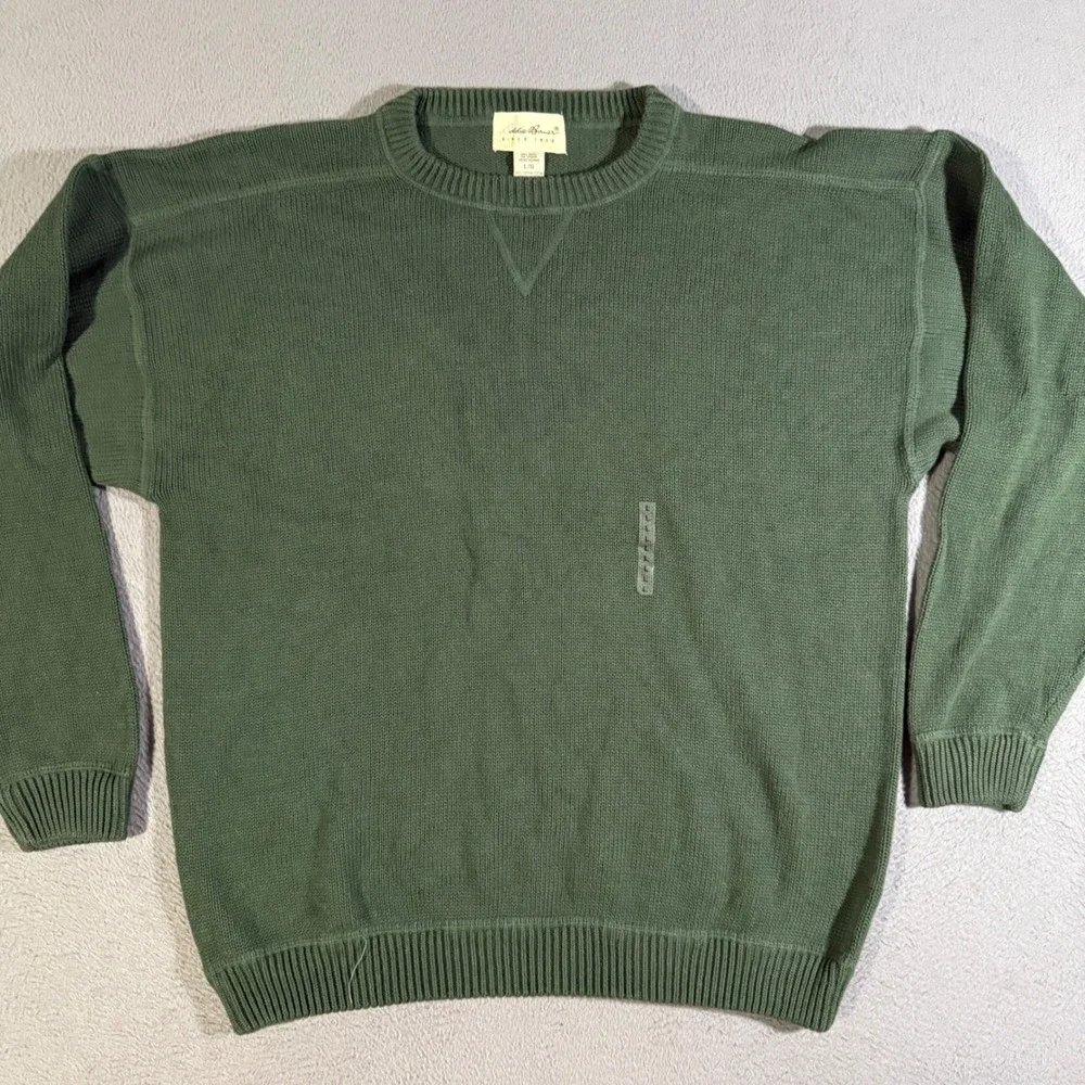 Eddie Bauer Mens Large Crew Neck Long Sleeve Cotton‎ Knit Sweater Green Casual